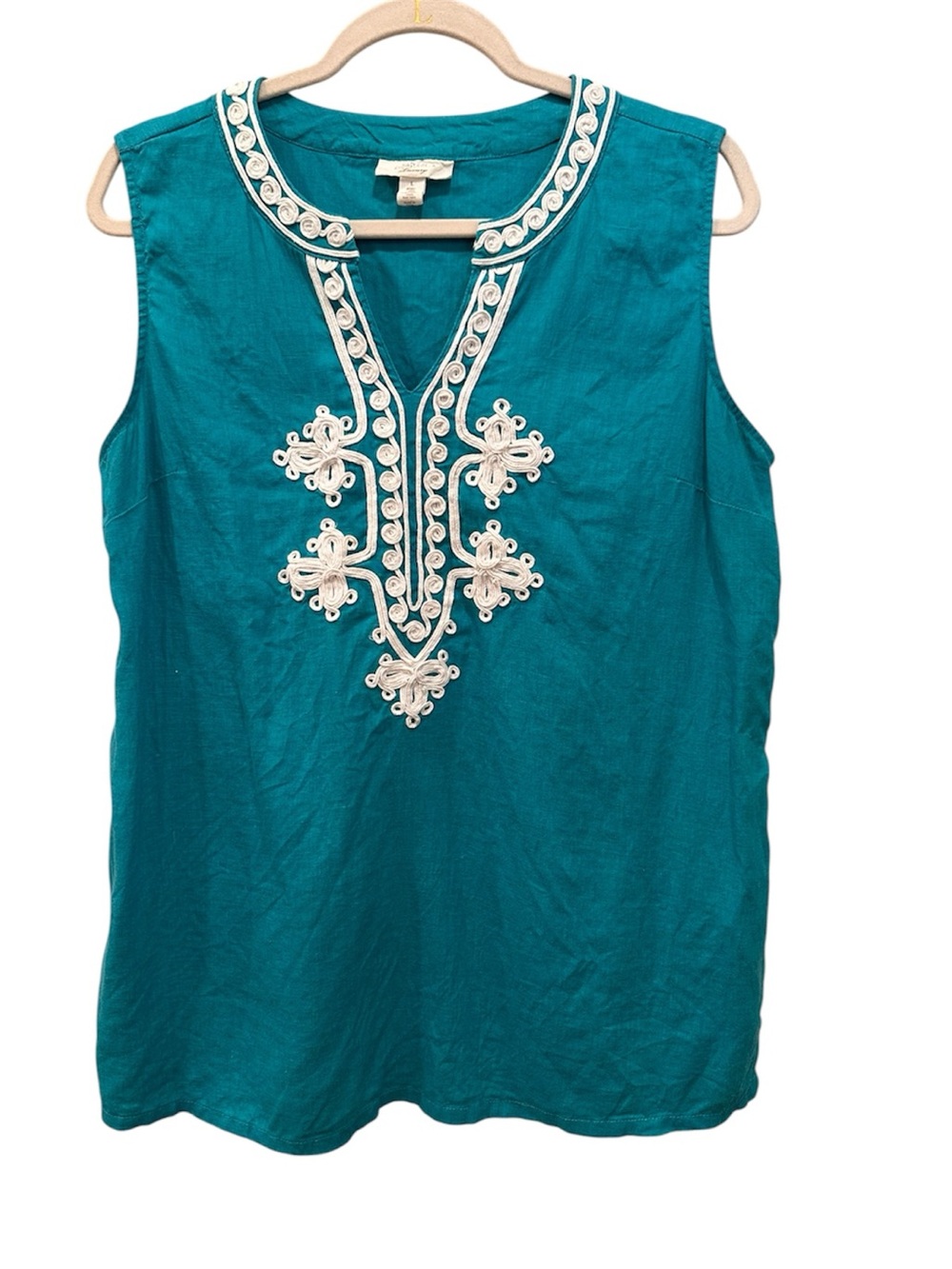 Charter Club Luxury 100% Linen  Sleeveless Embroidered Blouse Top Sz L